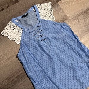 Express Blue Striped Top with White Lace Sleeves